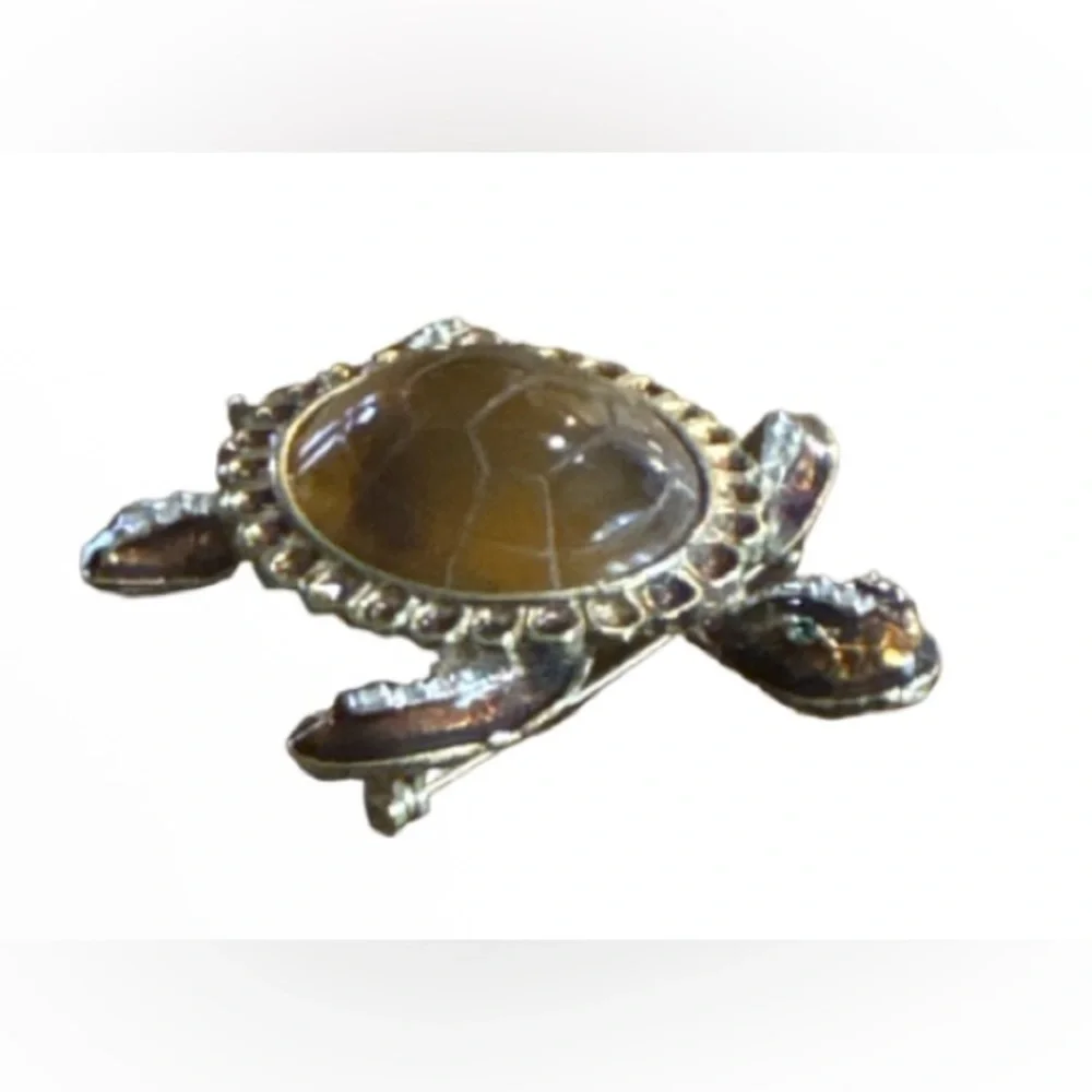 vintage gold-tone turtle brooch cabochon shell & amber rhinestone accents